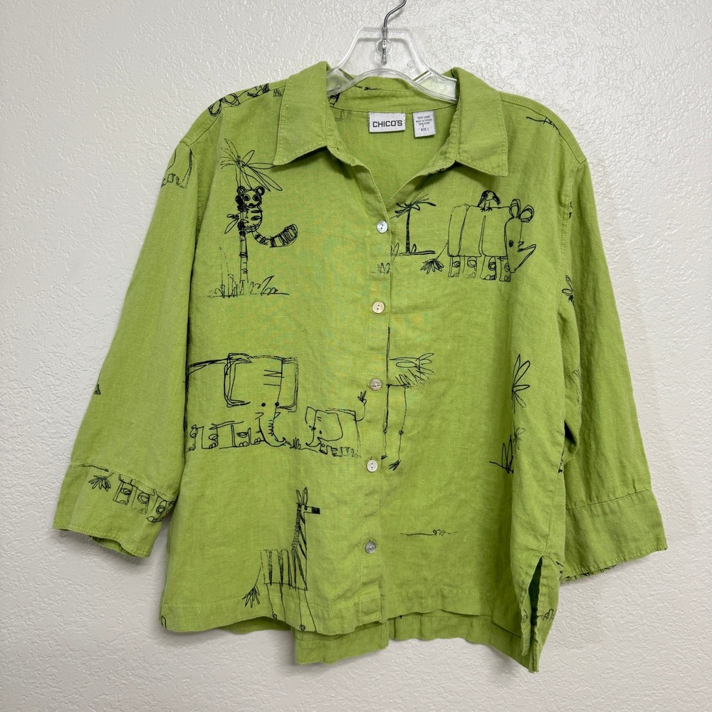 Chicos Shirt Womens 1 Medium Green Linen Safari Animal Print 3/4 Sleeve